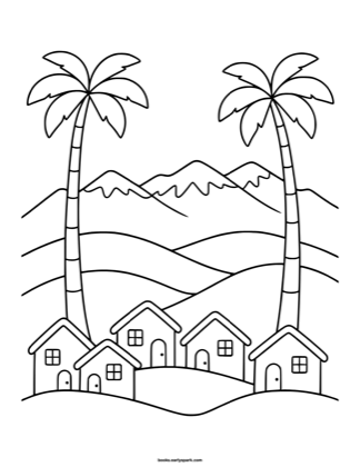 The free printable page: snow-capped mountains behind a row of small houses, framed by two palm trees, in plain black outline.